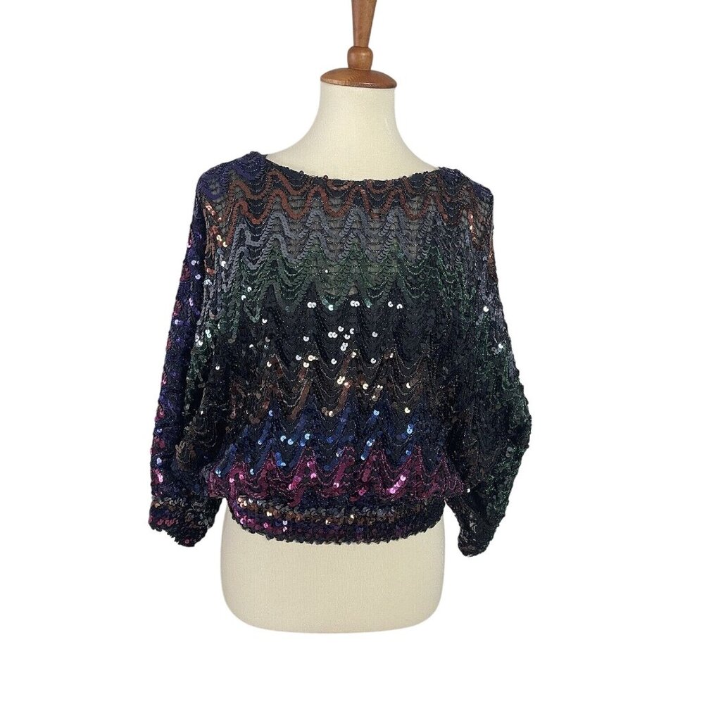 Vintage 80s Womens M Sequin Dolman Sleeve Top Shirt Three Flags California